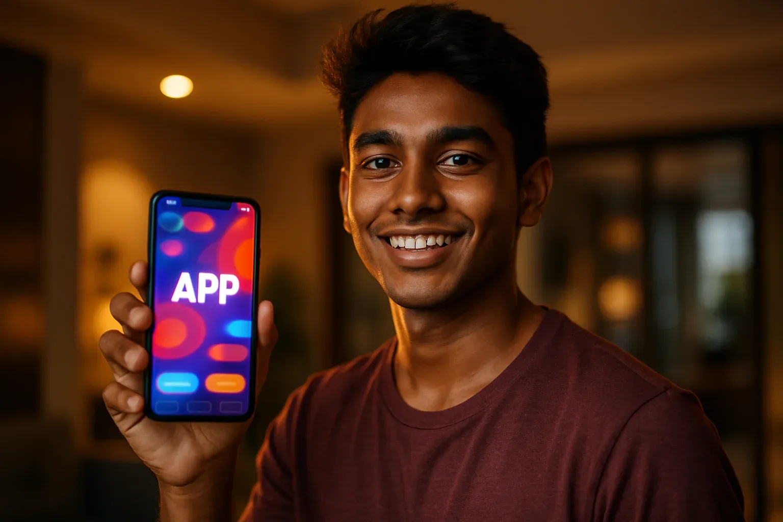 Young Bangladeshi man smiling, holding phone showing glowing APP gaming interface