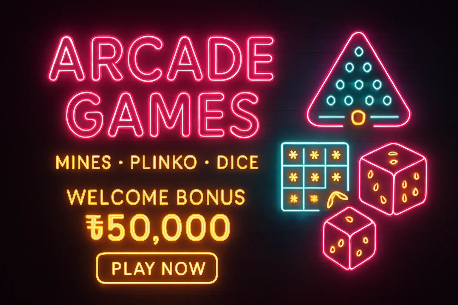 Neon arcade games banner with mines, plinko, dice and Bangladesh bonus CTA