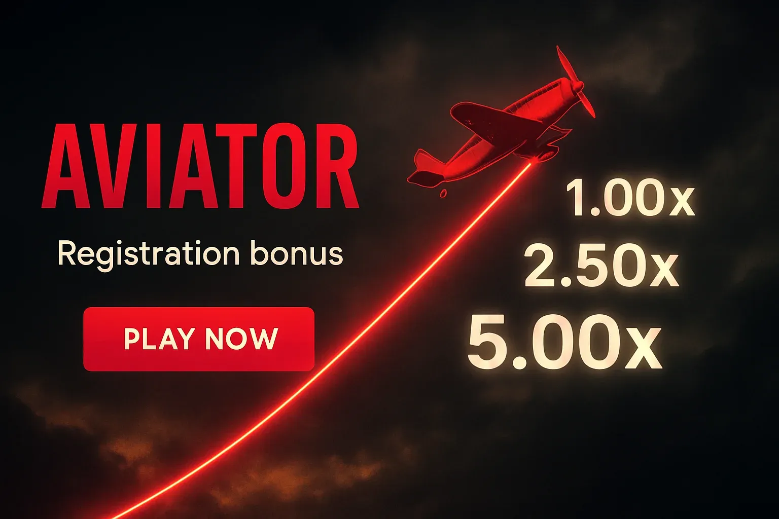 Aviator crash game banner with red plane, neon trail, rising multipliers