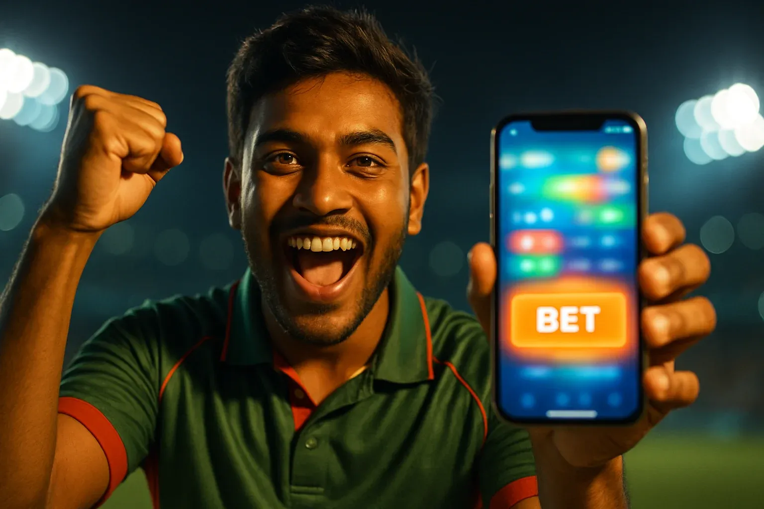 Excited Bangladeshi man cheering, holding smartphone showing bold BET sports betting screen