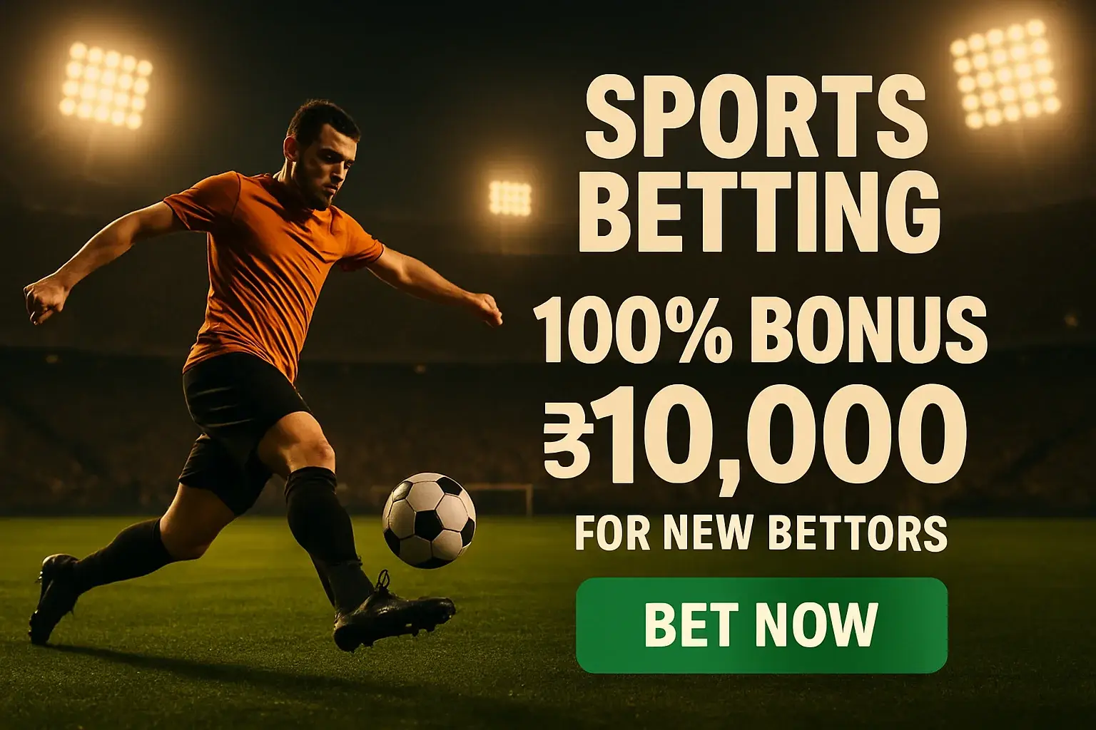 Sports betting banner with footballer, green stadium, 100% bonus in Bangladeshi currency