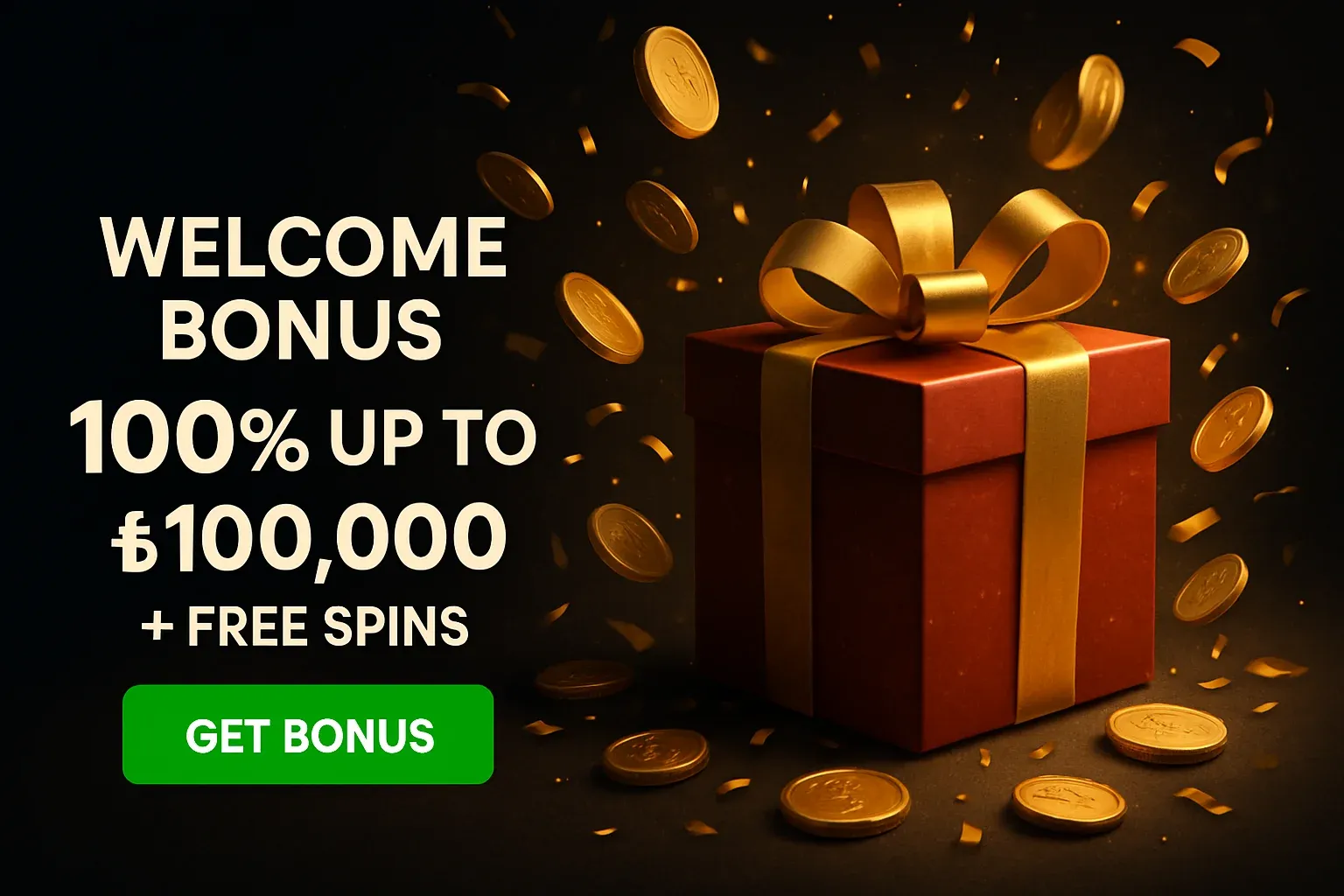 Festive casino welcome bonus banner with gift box, coins, and CTA button