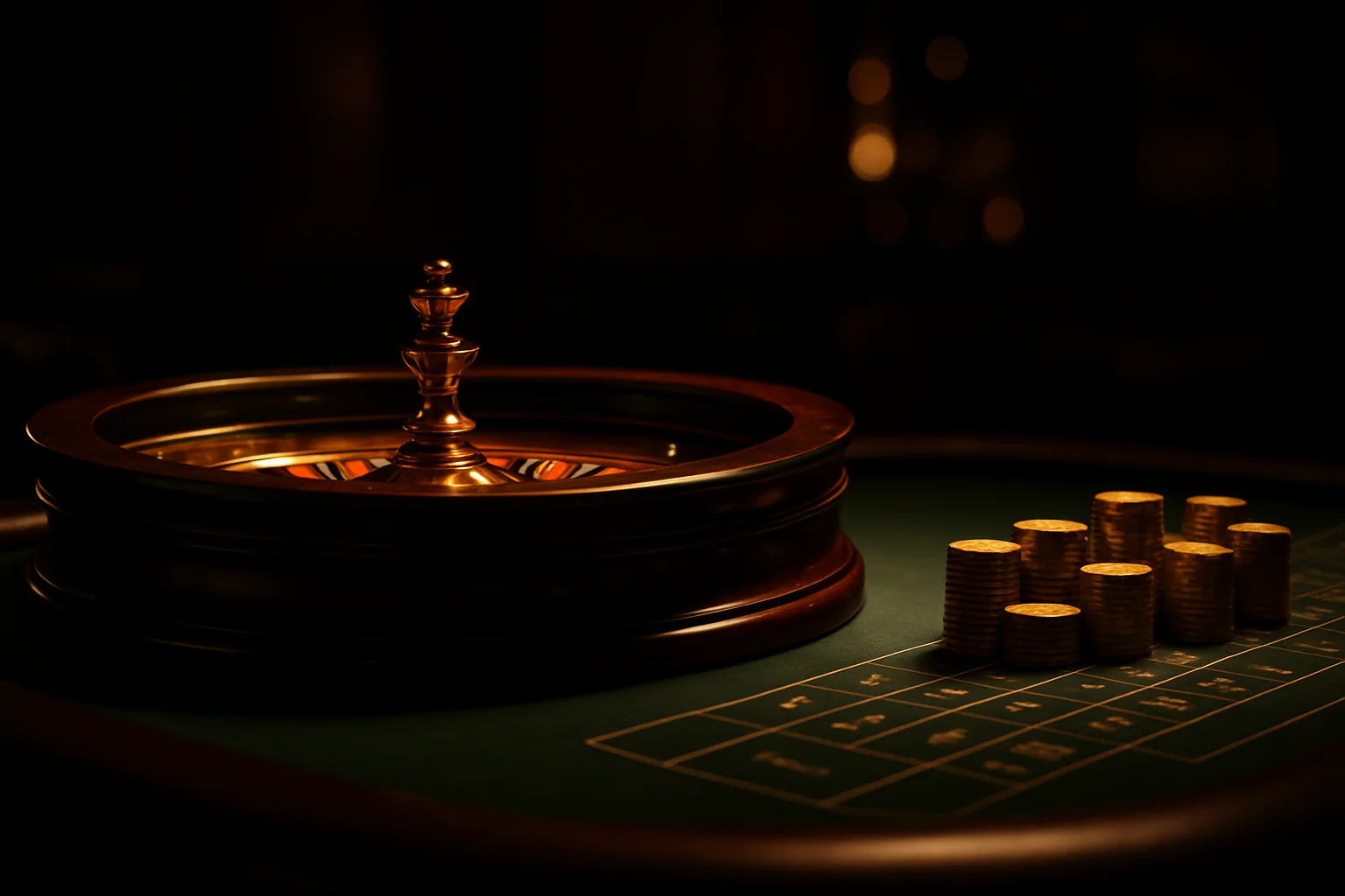 Cinematic wide shot of elegant live casino roulette table with golden chips