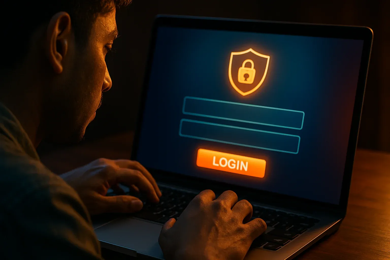 Young Bangladeshi man hands on laptop showing bold LOGIN sign-in form