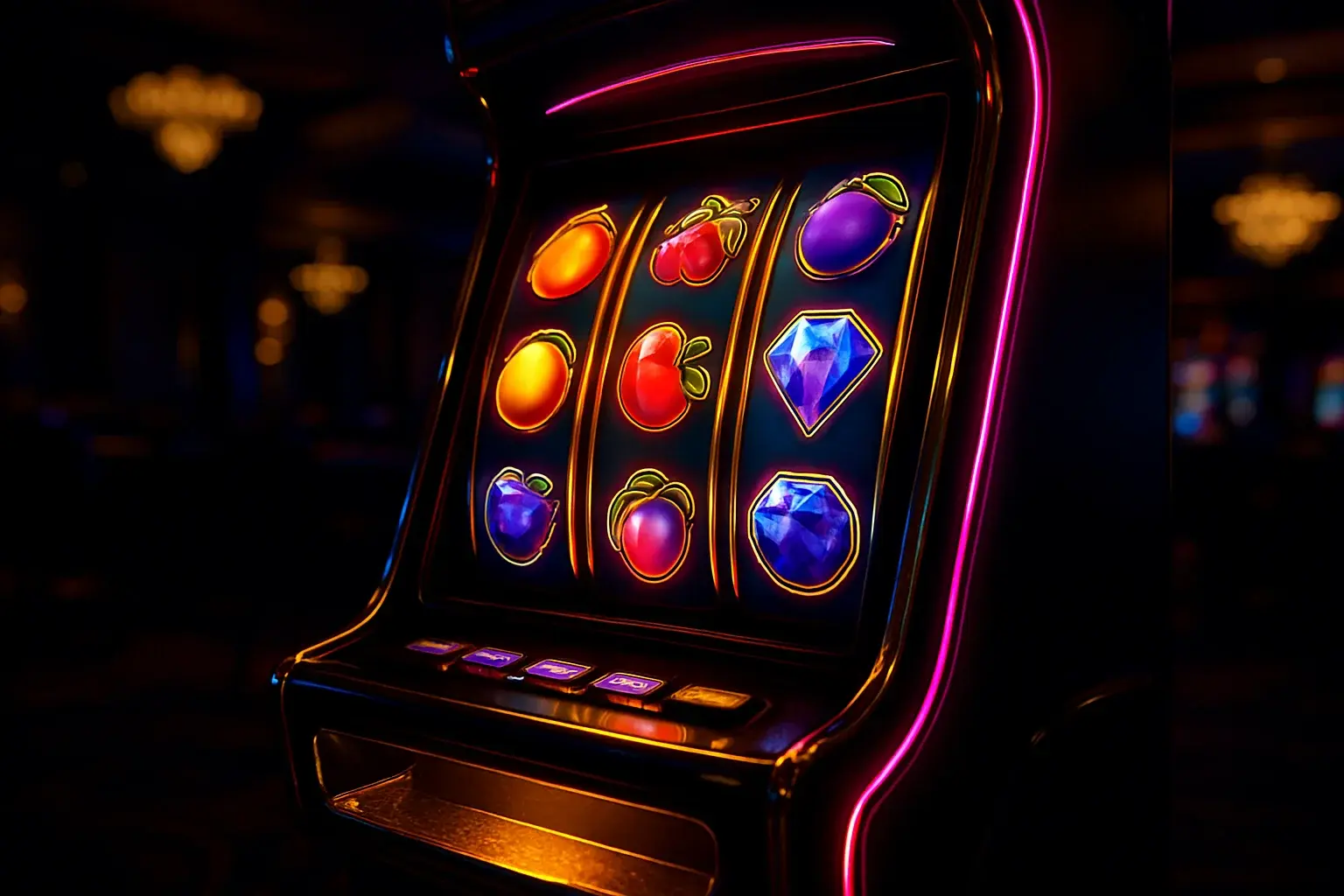Hyperrealistic wide shot of premium slot machine in dark luxury casino